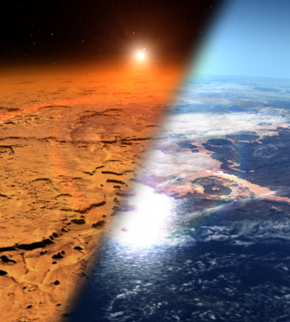 This artist’s concept depicts the early Martian environment — believed to contain liquid water and a thicker atmosphere — versus the cold, dry environment seen at Mars today . NASA's Mars Atmosphere and Volatile Evolution is in orbit of the Red Planet to study its upper atmosphere, ionosphere and interactions with the sun and solar wind.(right)